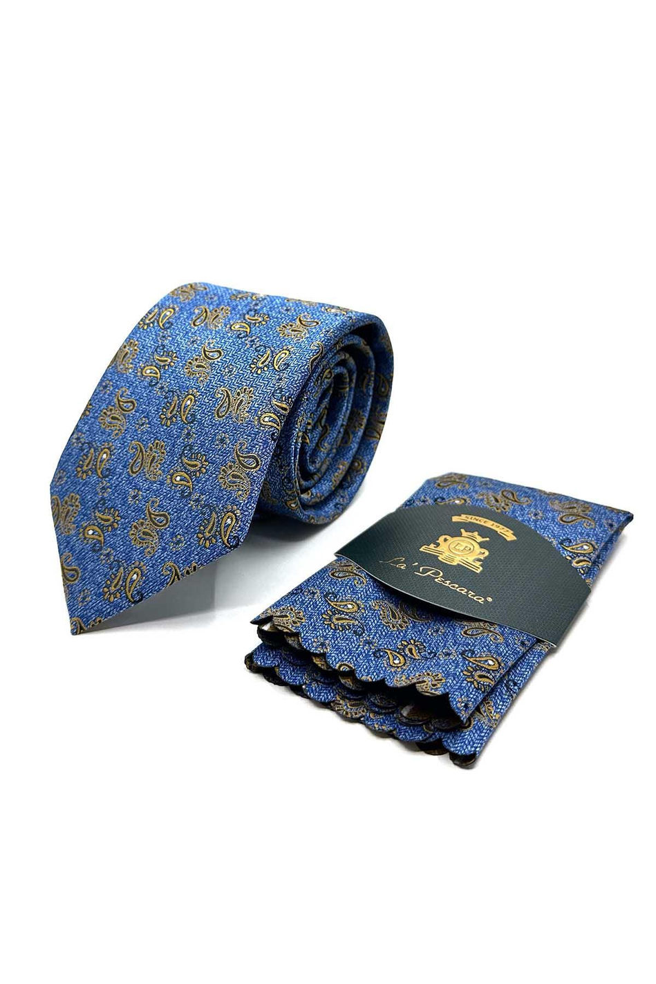 Mavi Şal Desen Mendilli Klasik Kravat KK13117
