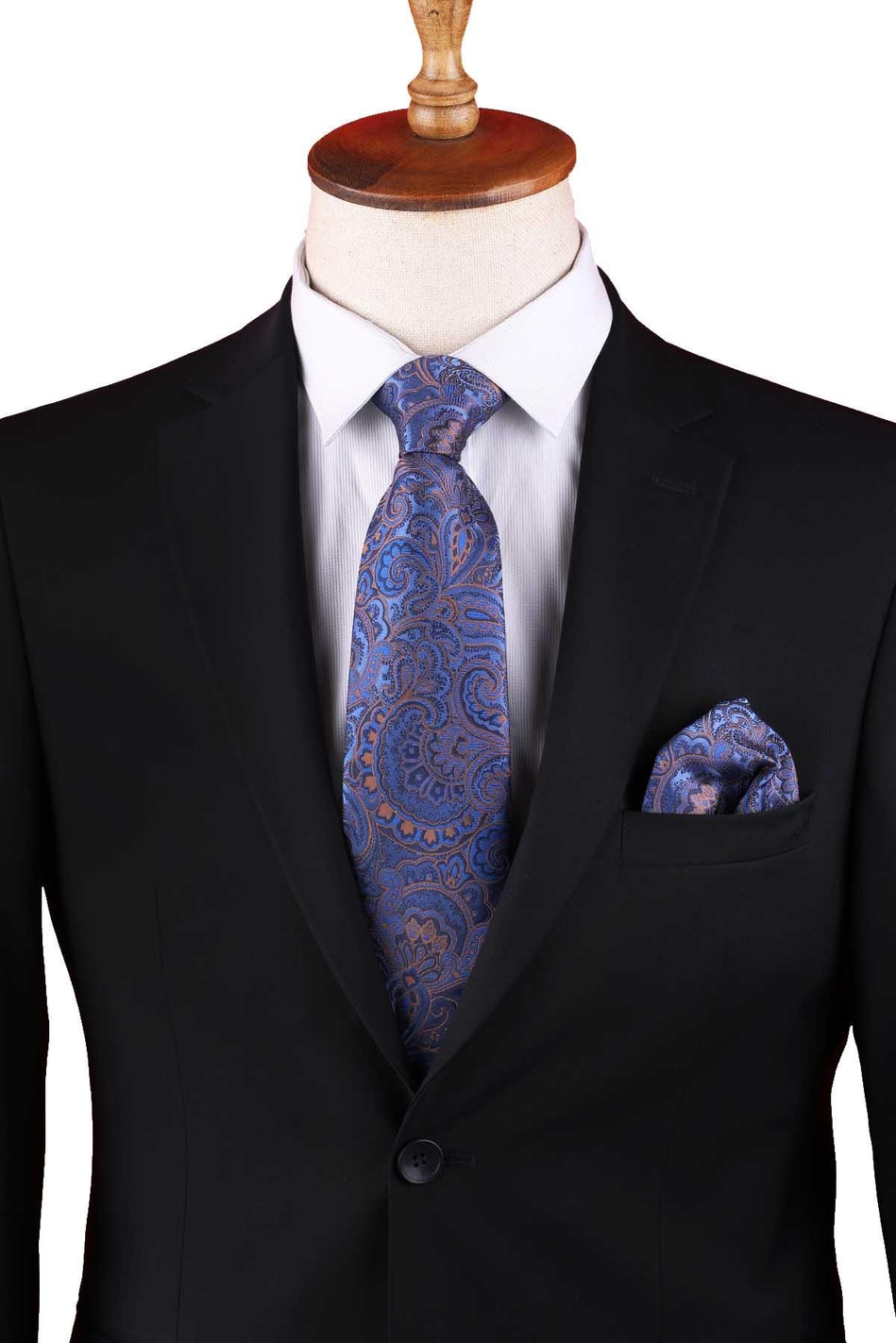 Mavi Şal Desen Mendilli Klasik Kravat KK13125