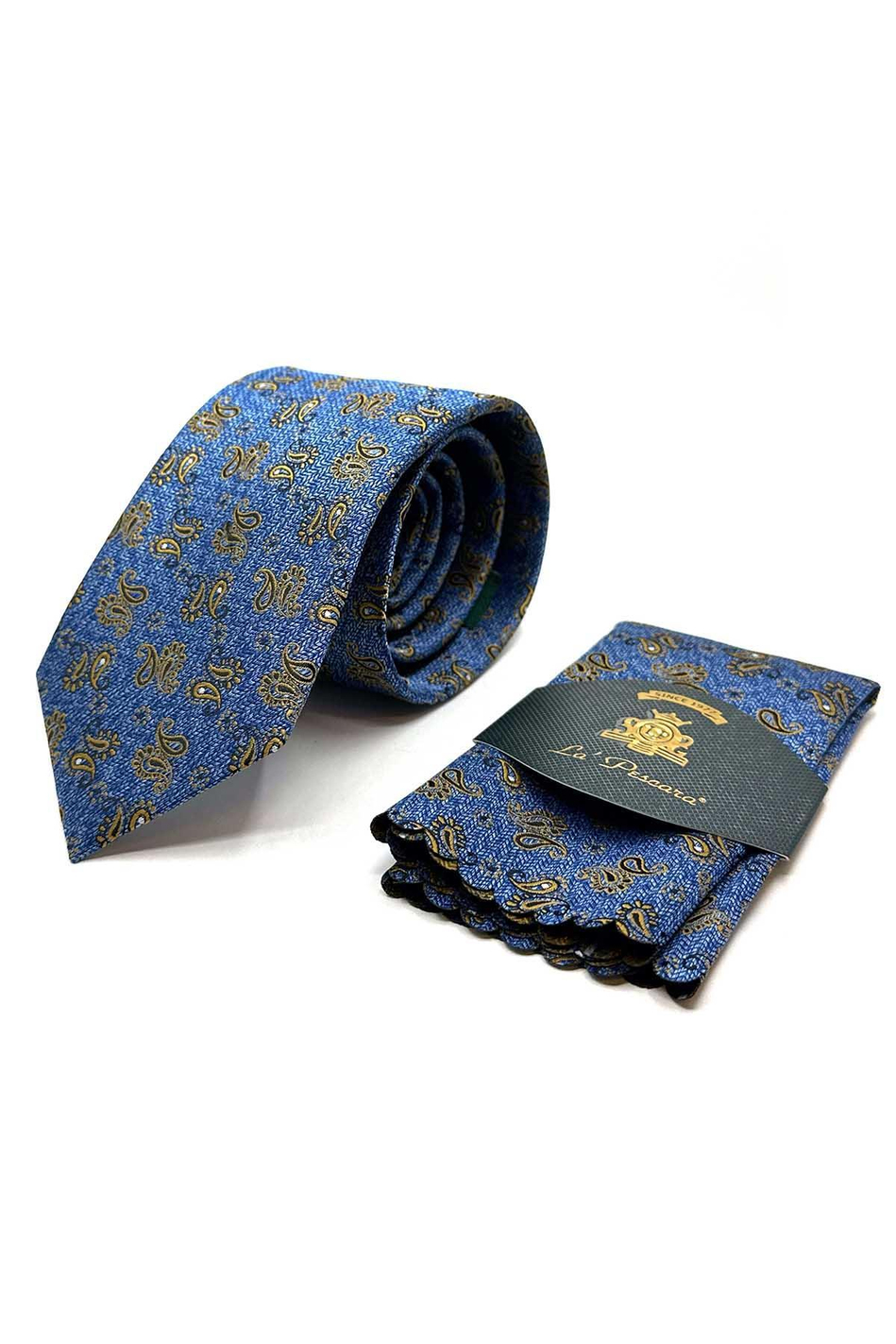 Mavi Şal Desen Mendilli Klasik Kravat KK12924