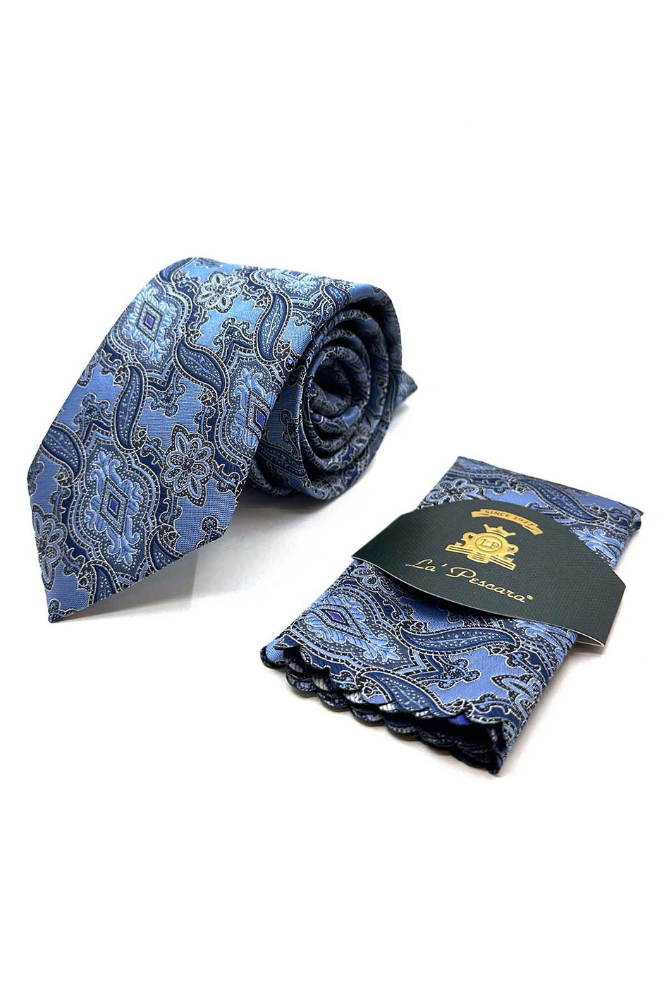 Mavi Şal Desen Mendilli Klasik Kravat KK12860