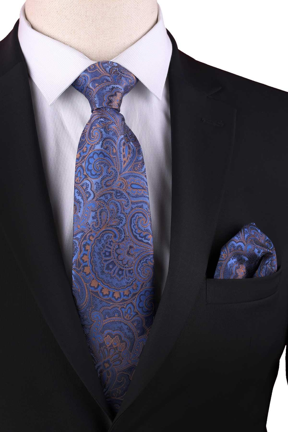 Mavi Şal Desen Mendilli Klasik Kravat KK13125