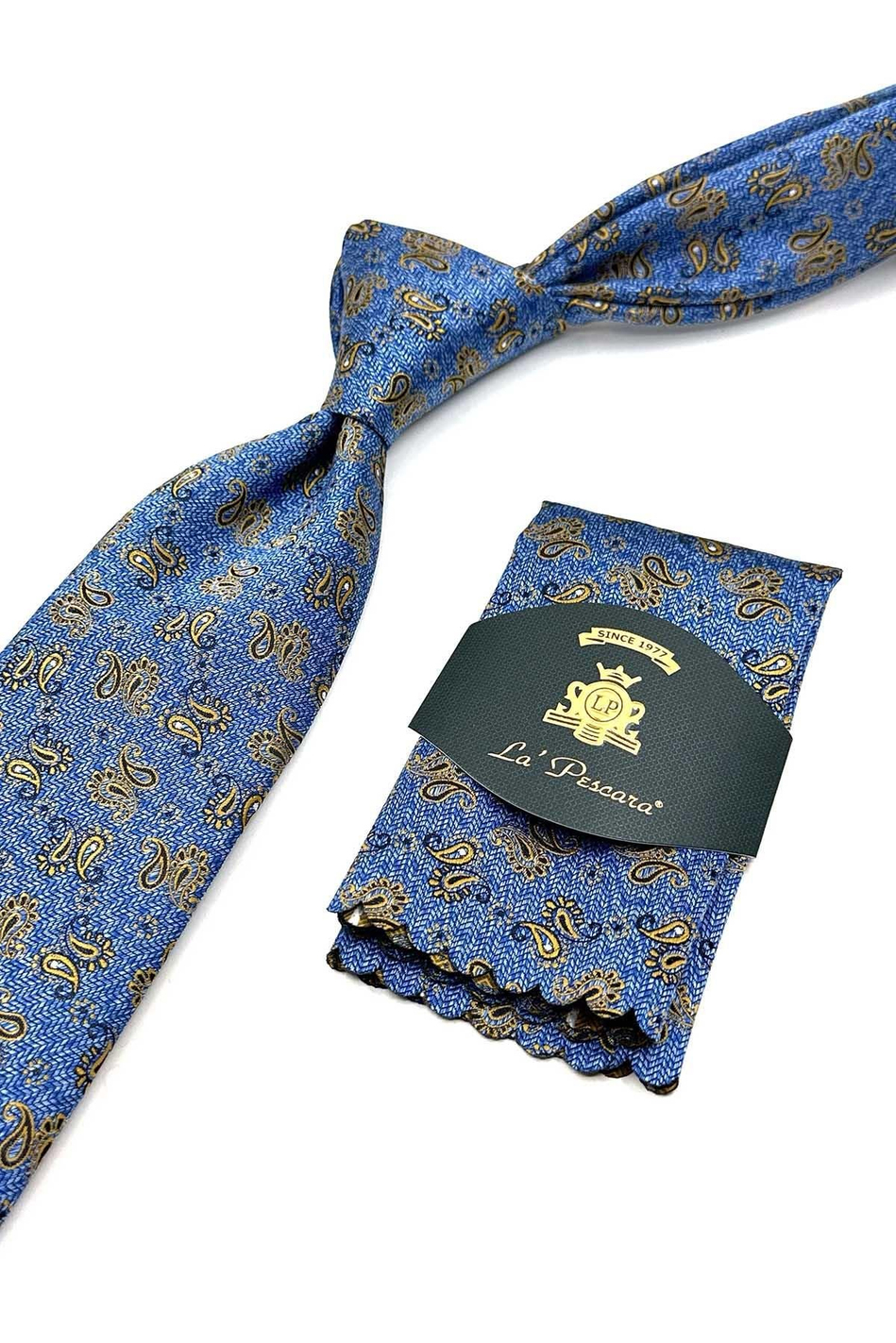 Mavi Şal Desen Mendilli Klasik Kravat KK13117