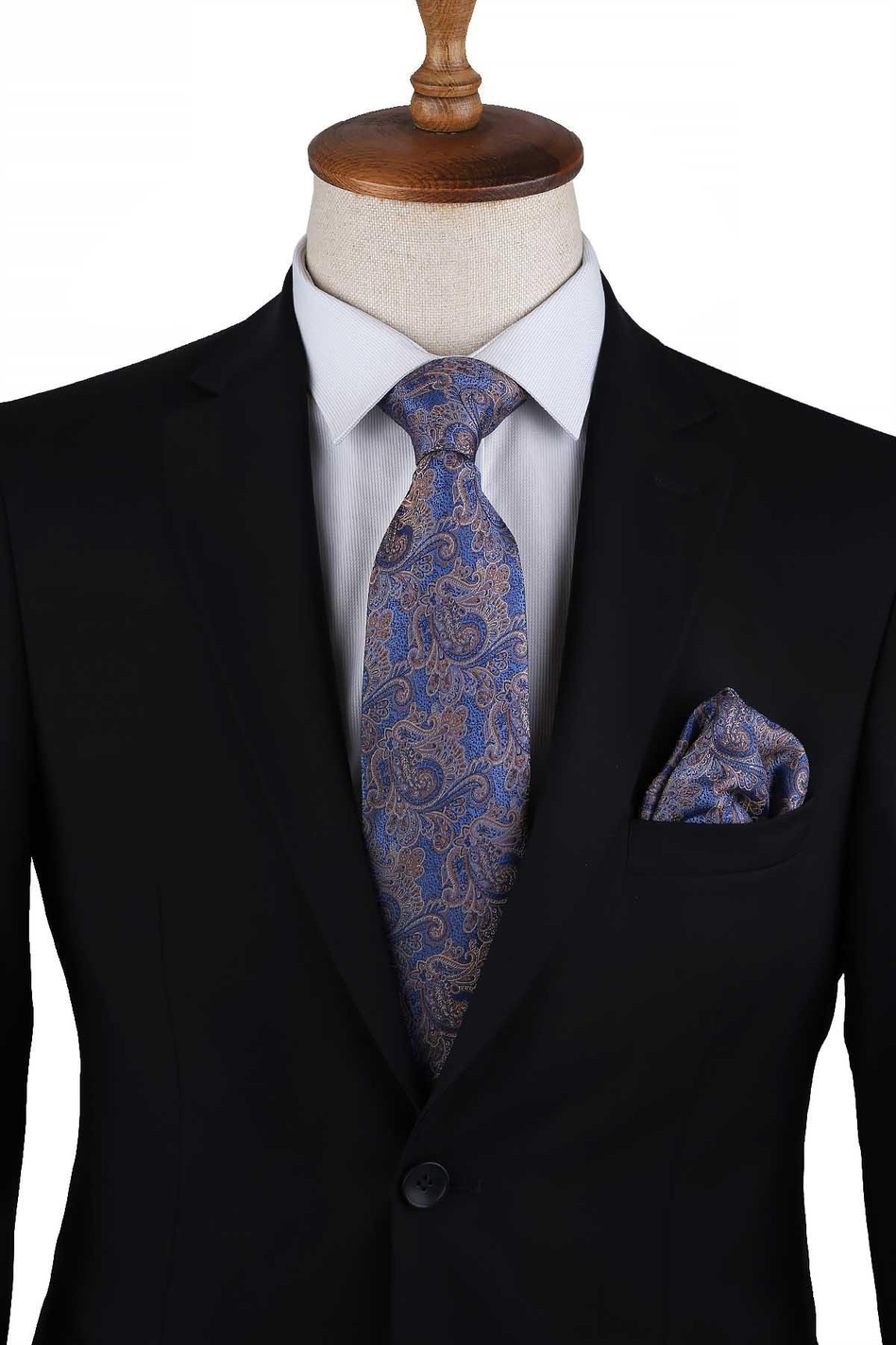 Mavi Şal Desen Mendilli Klasik Kravat KK13125