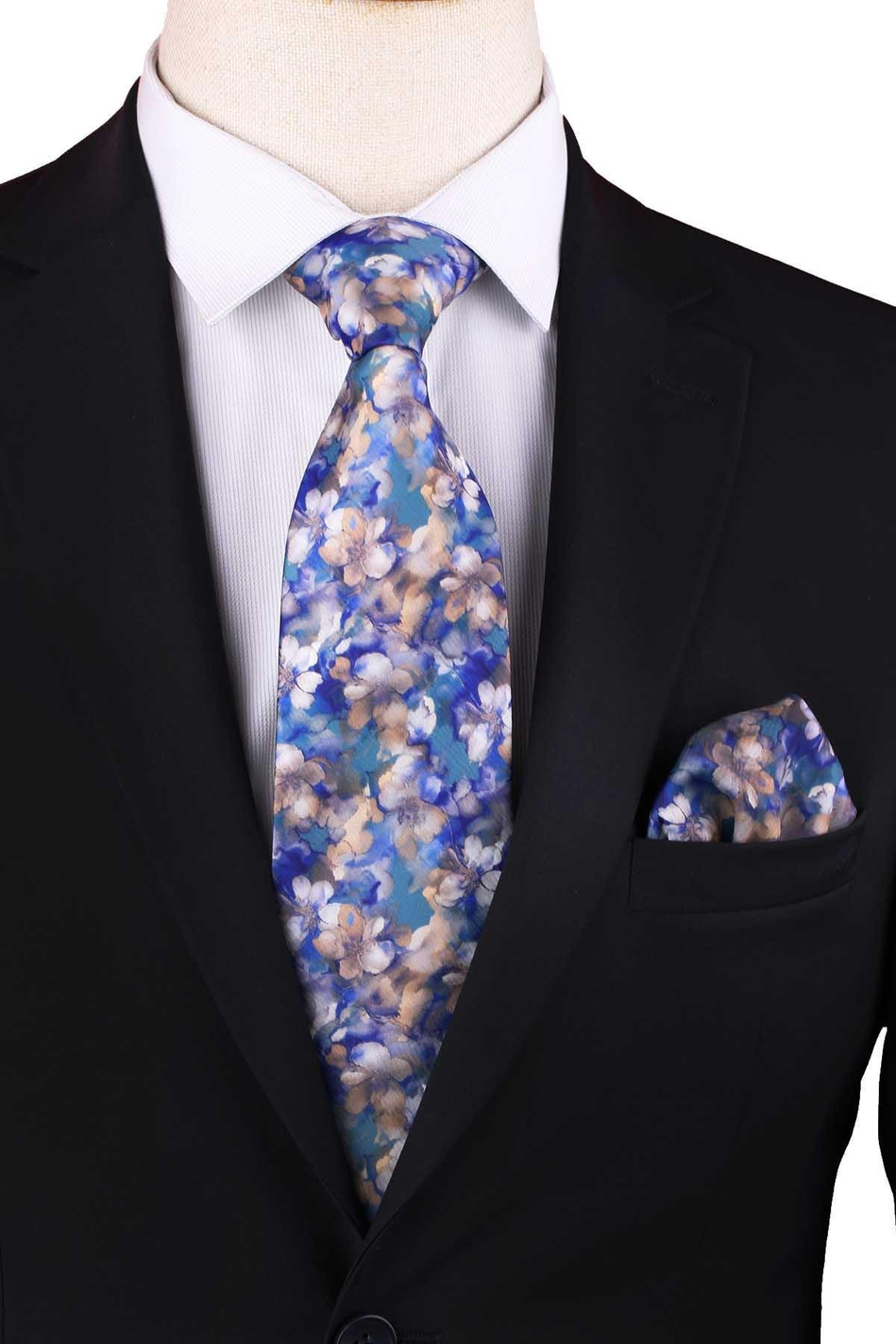 Mavi - Sarı Çiçek Desen Baskılı Mendilli Klasik Kravat KK13359