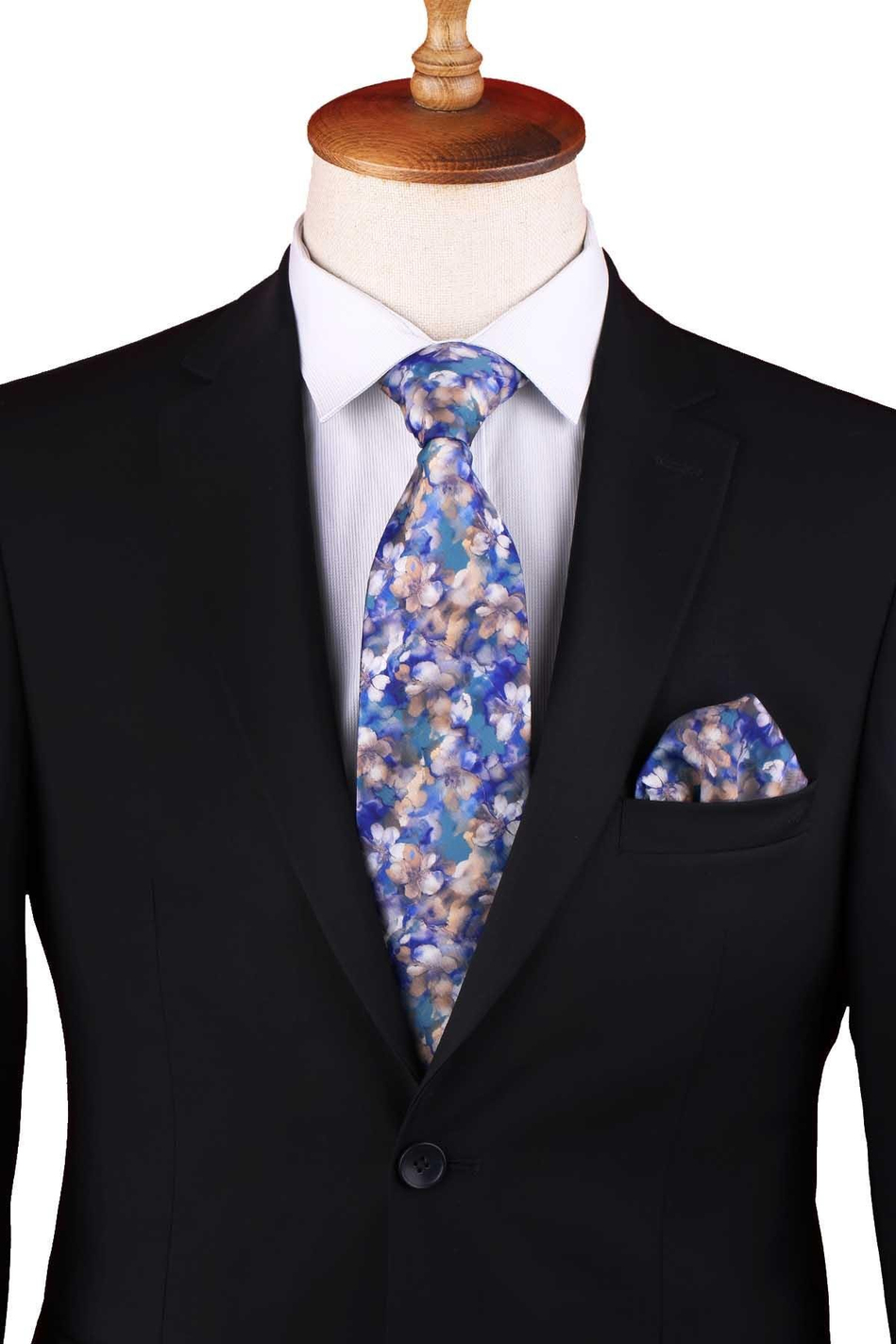 Mavi - Sarı Çiçek Desen Baskılı Mendilli Klasik Kravat KK13359