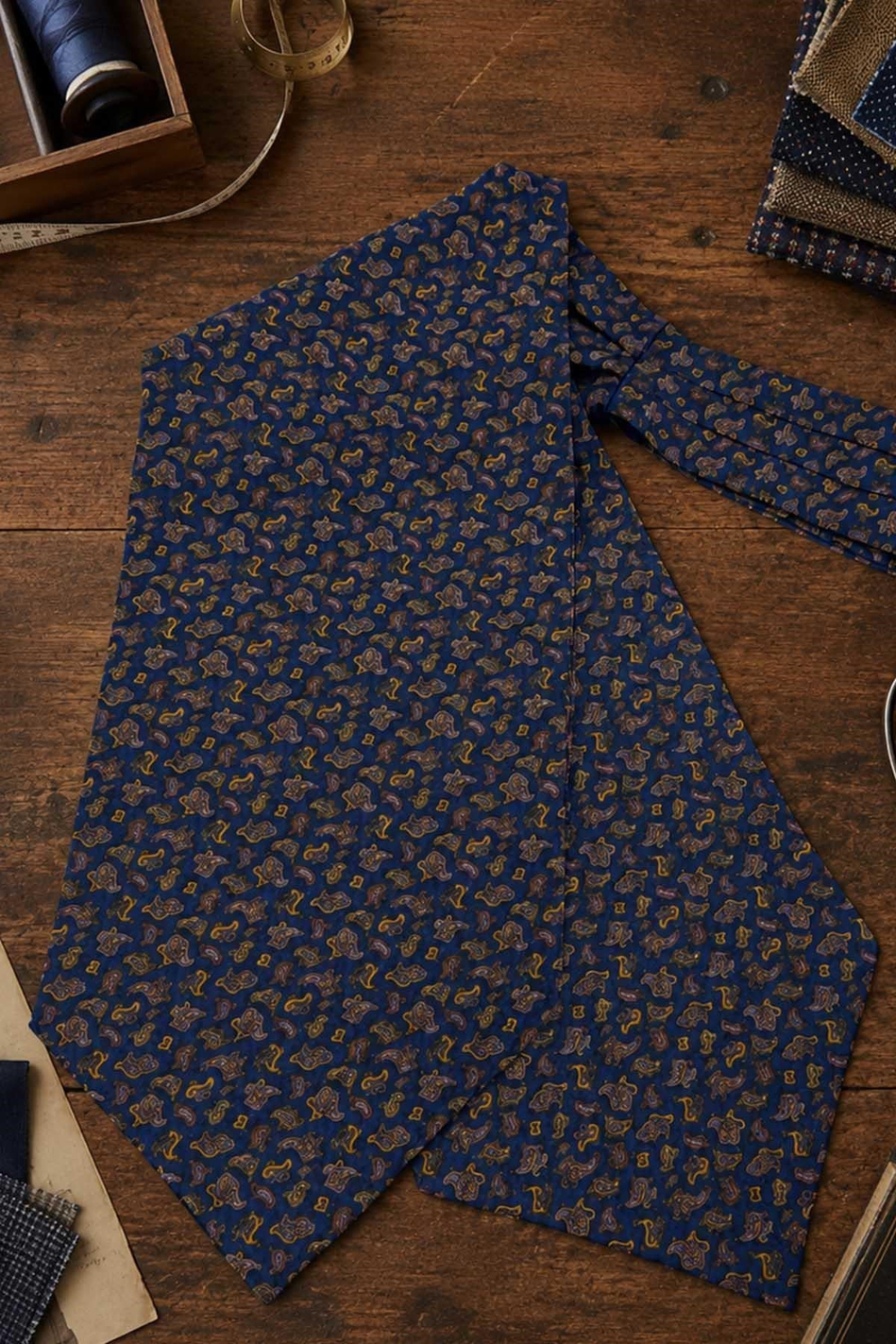 Mavi Sarı Şal Desen İtalyan İpek Ascot Kravat SAC83