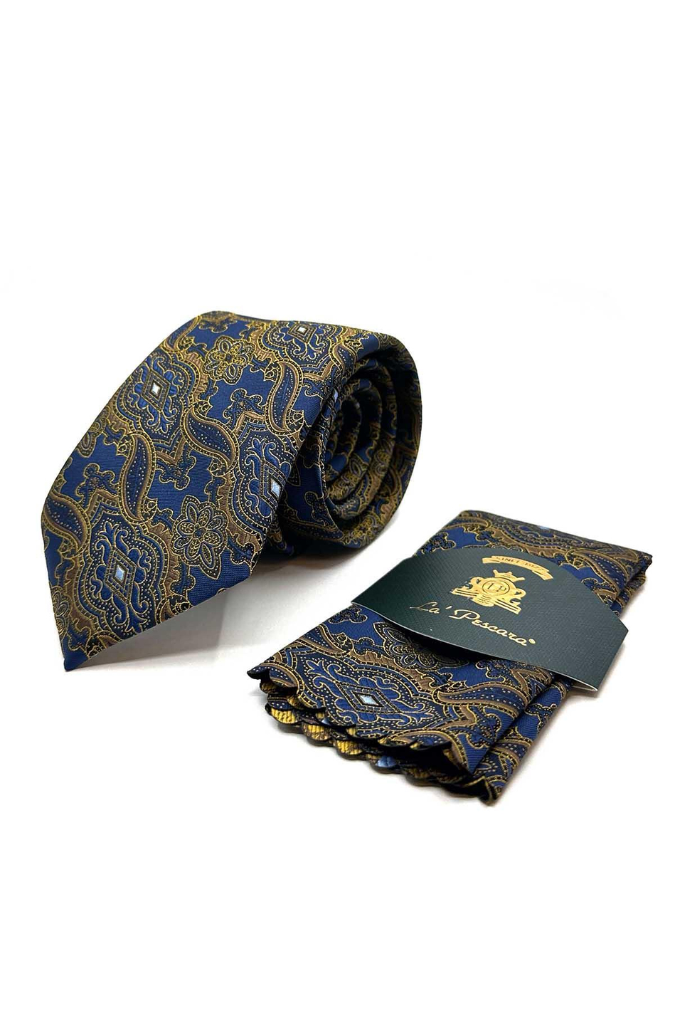 Mavi - Sarı Şal Desen Mendilli Klasik Kravat KK12864