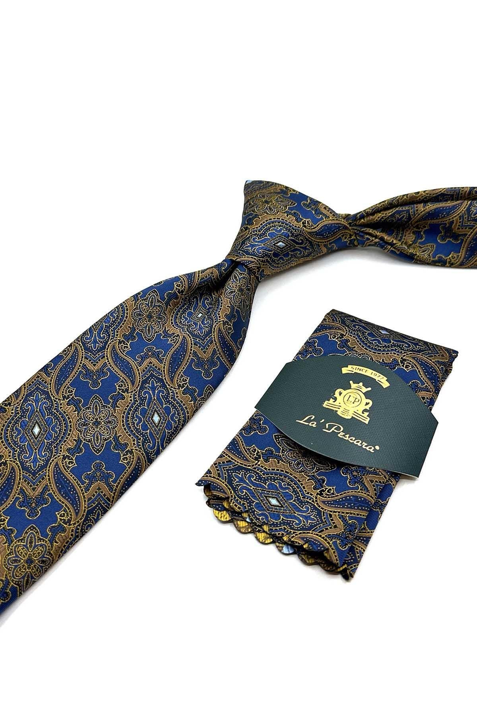 Mavi - Sarı Şal Desen Mendilli Klasik Kravat KK12864