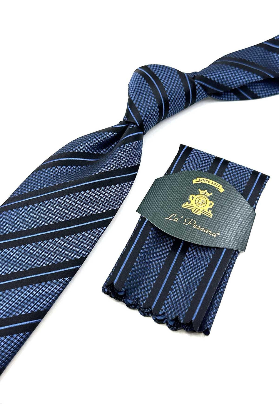 Mavi - Siyah Çizgi Desen Mendilli Klasik Kravat KK12698