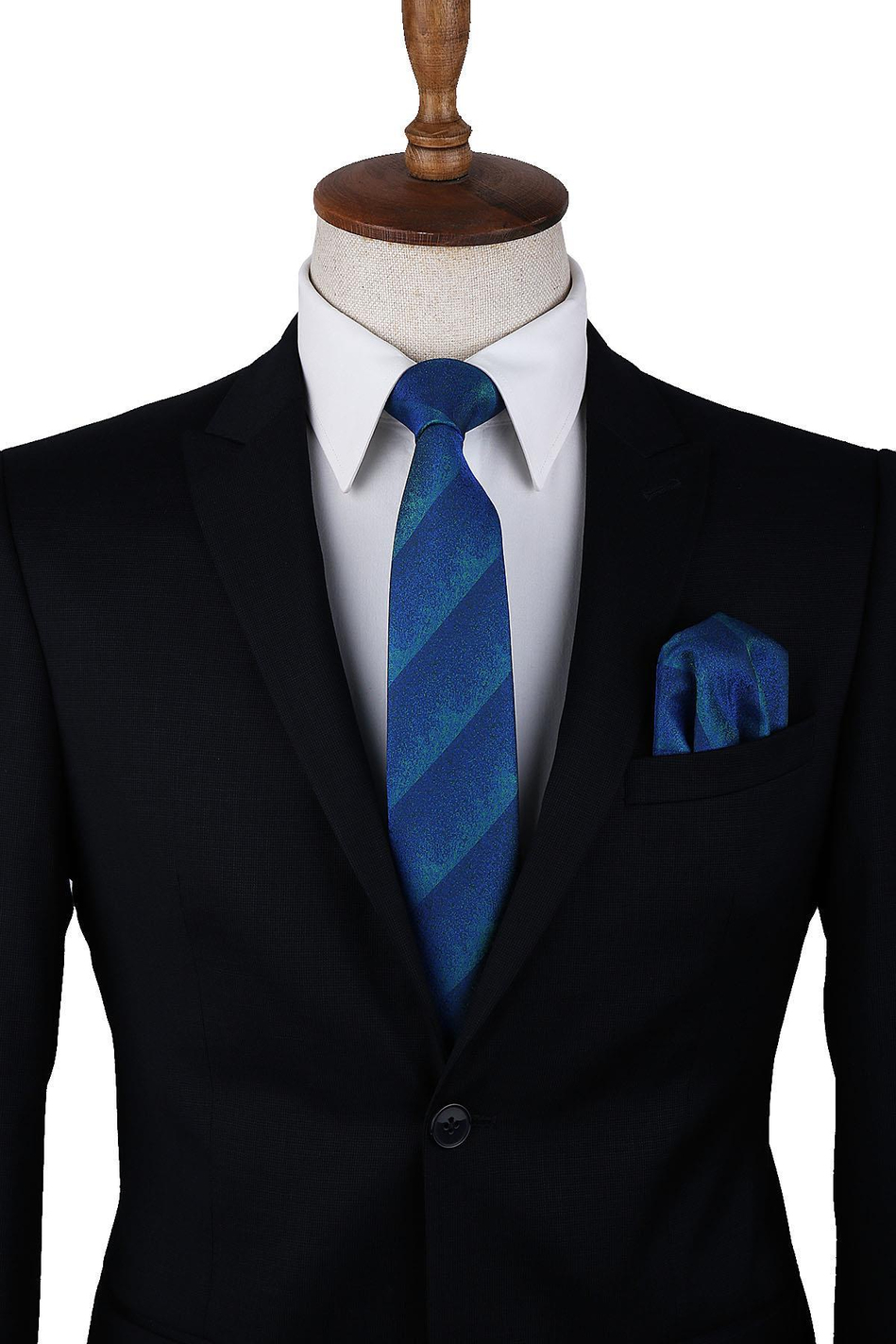 Mavi - Yeşil Kum Desen Mendilli Klasik Kravat KK10013