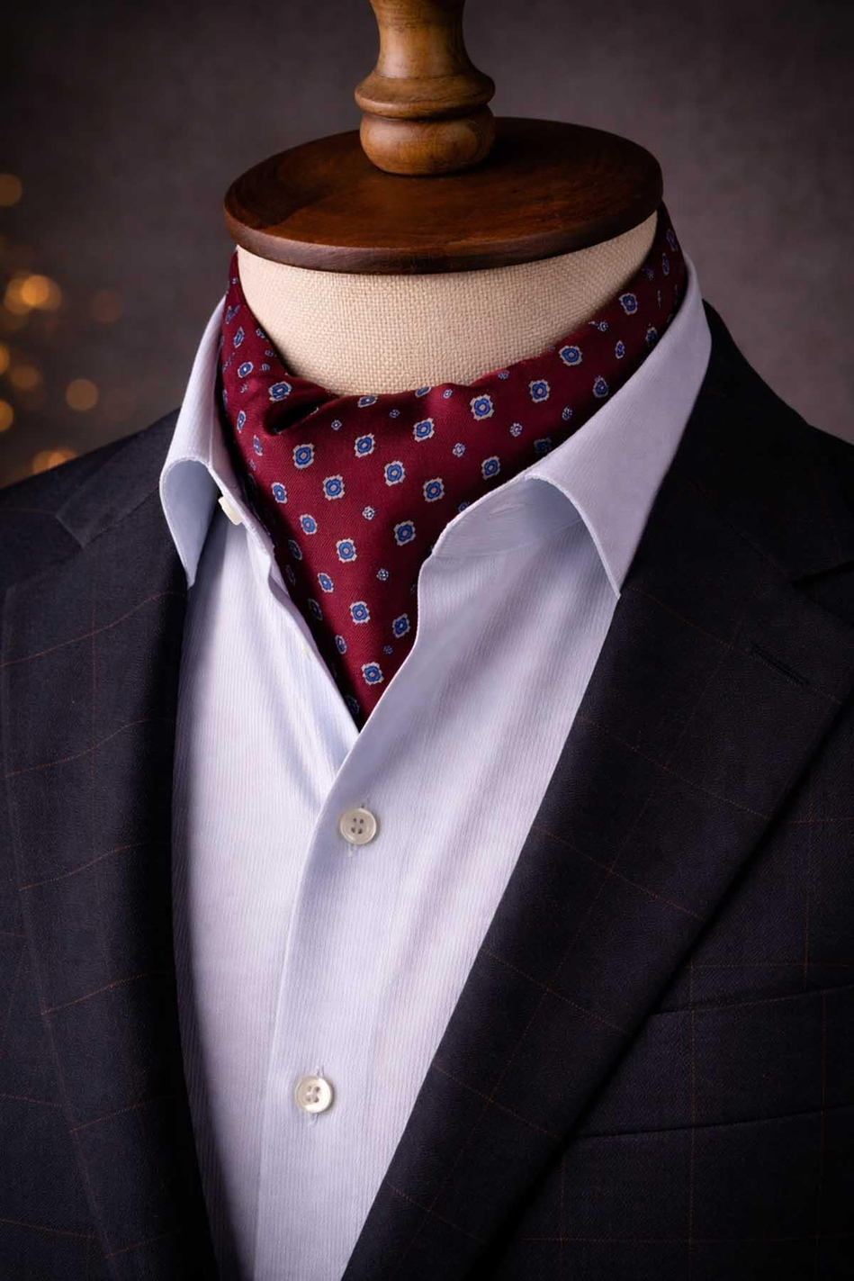 Motif Desen Bordo İtalyan İpek Ascot Kravat SAC34
