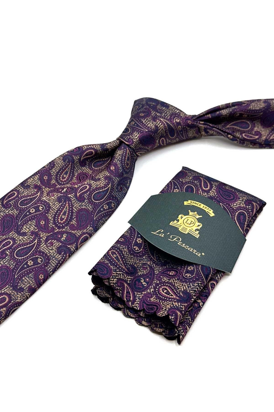 Mürdüm - Bej Şal Desen Mendilli Klasik Kravat KK12875