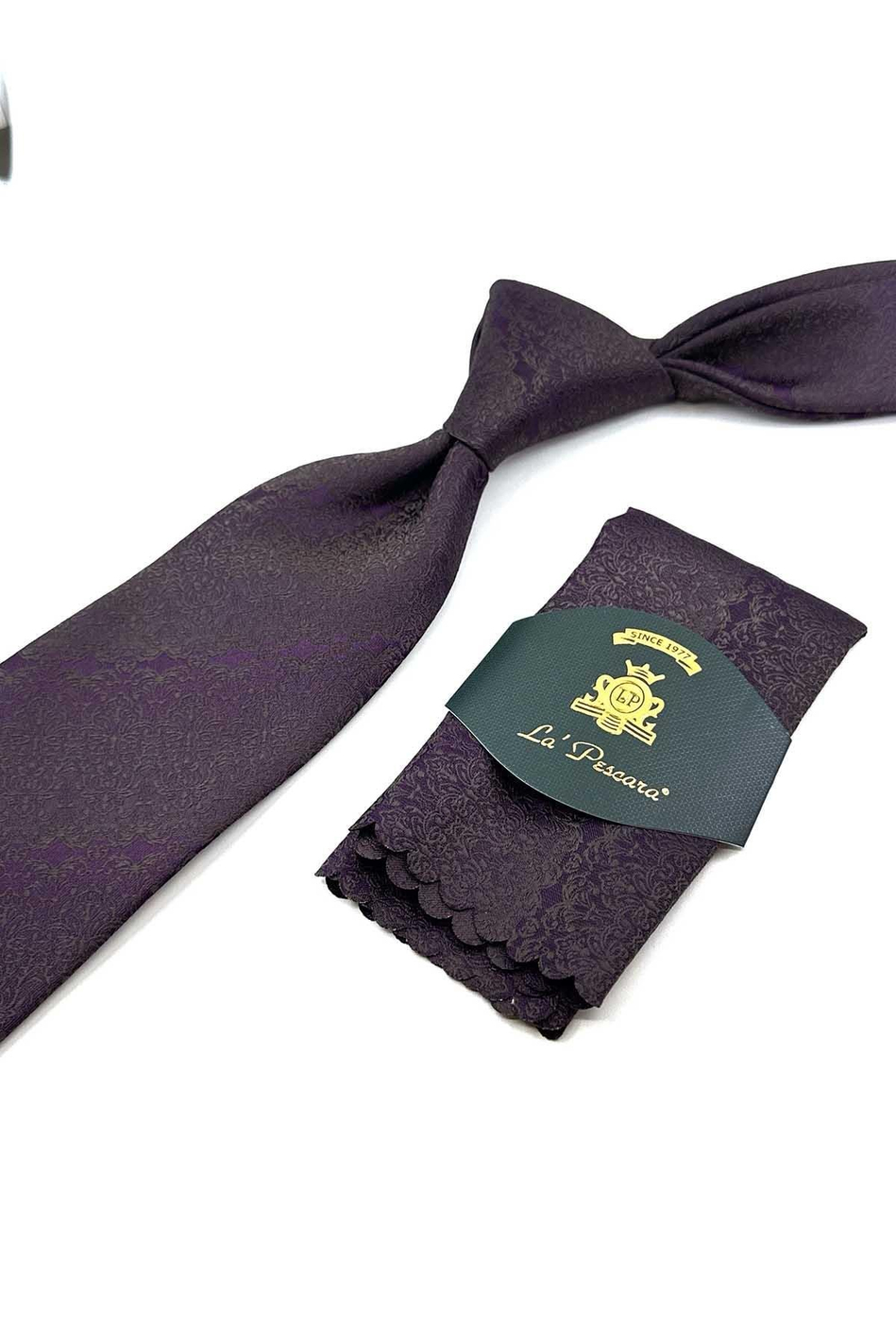 Mürdüm - Kahve Motif Desen Mendilli Klasik Kravat KK12427