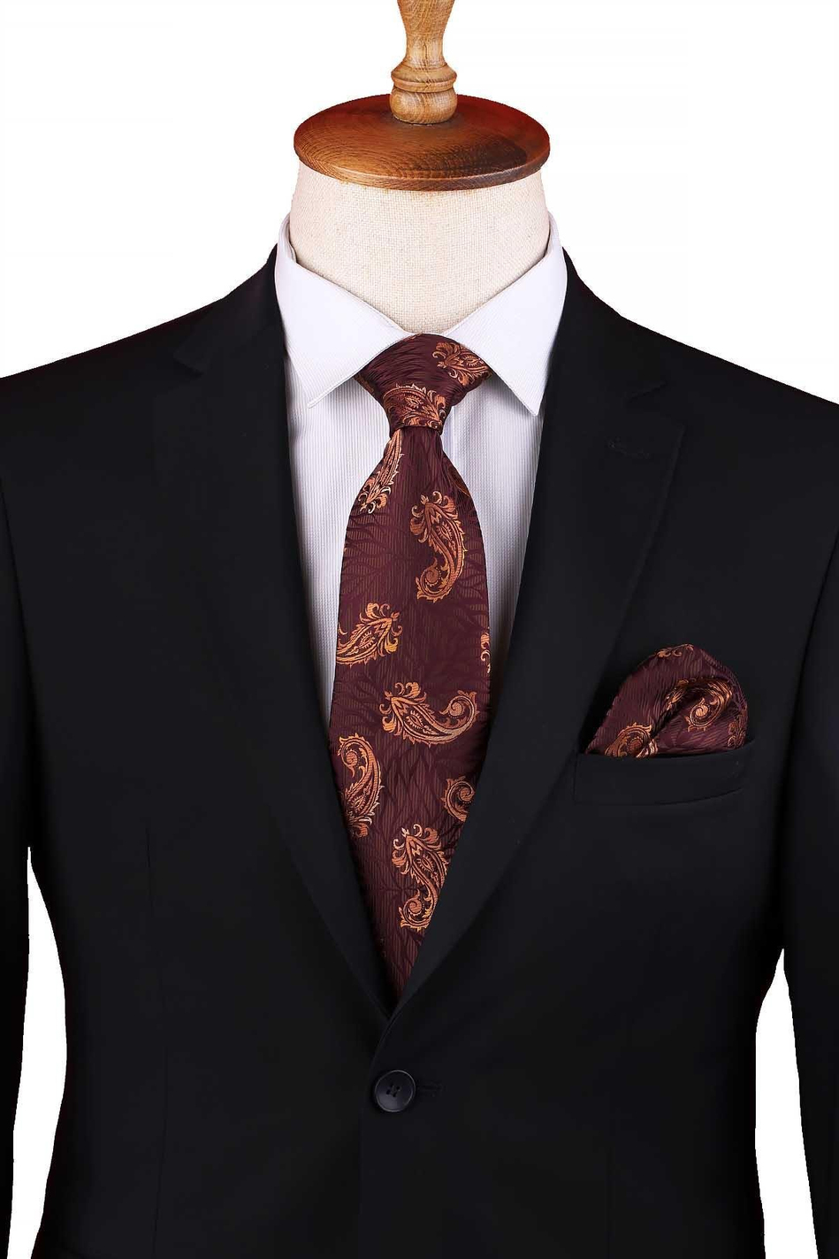 Mürdüm - Kahve Şal Desen Mendilli Klasik Kravat KK13305