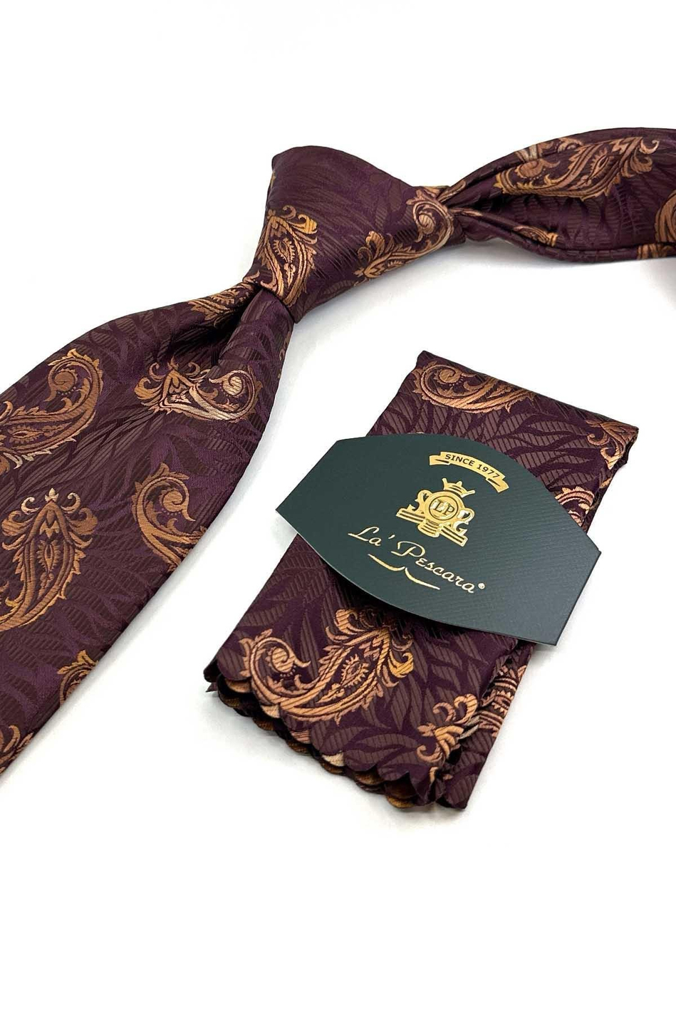 Mürdüm - Kahve Şal Desen Mendilli Klasik Kravat KK13305