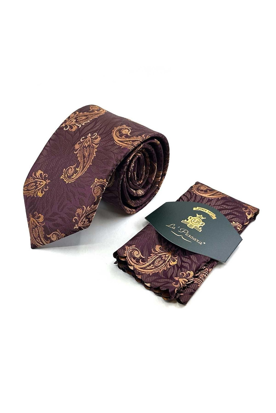 Mürdüm - Kahve Şal Desen Mendilli Klasik Kravat KK13305