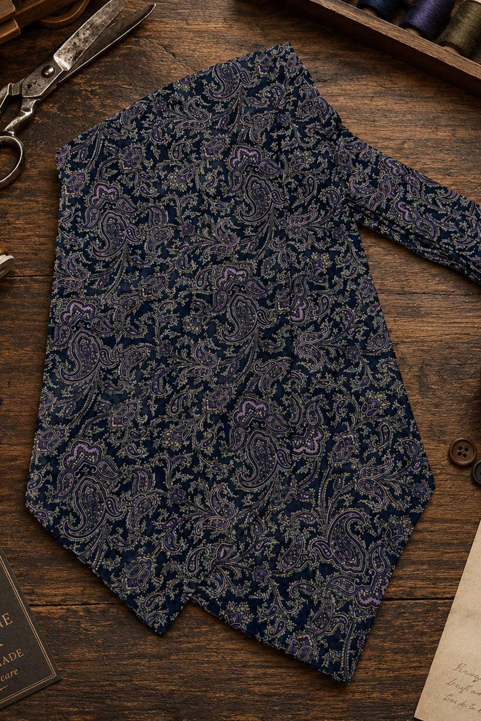 Mürdüm Koyu Lacivert Şal Desen İtalyan İpek Ascot Kravat SAC78
