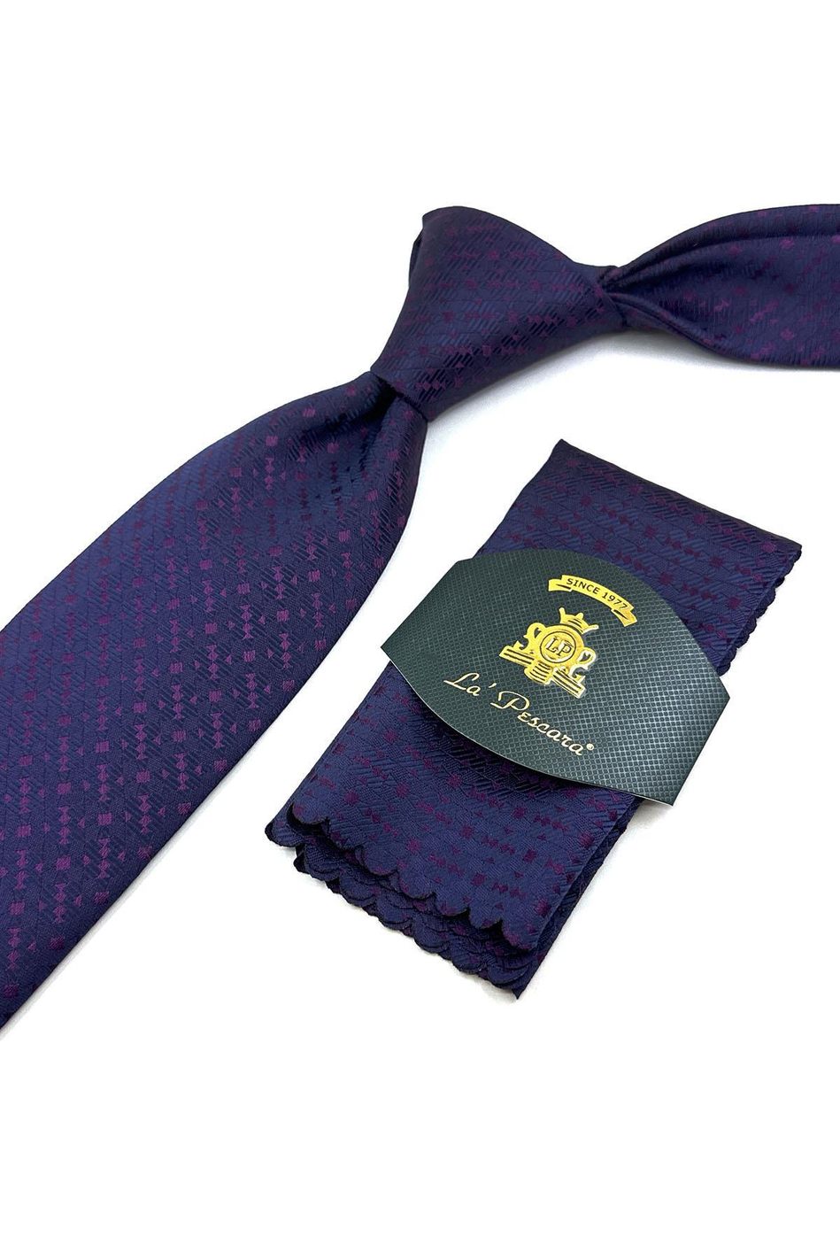 Mürdüm - Lacivert Motif Desen Mendilli Klasik Kravat KK12014