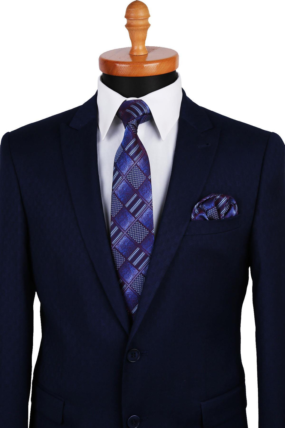 Mürdüm - Mavi Motif Desen Mendilli Klasik Kravat KK9792