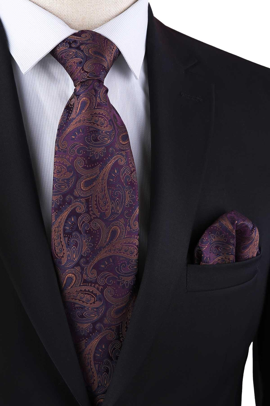 Mürdüm Şal Desen Mendilli Klasik Kravat KK13127