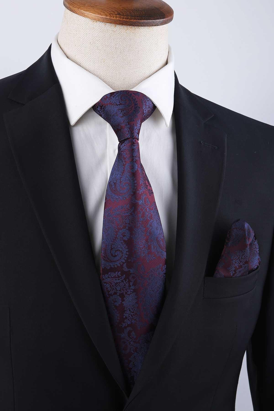 Mürdüm Şal Desen Mendilli Klasik Kravat KK13127