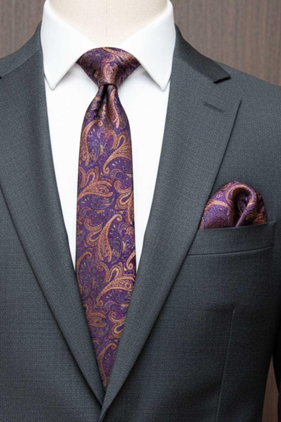 Mürdüm Şal Desen Mendilli Klasik Kravat KK13127