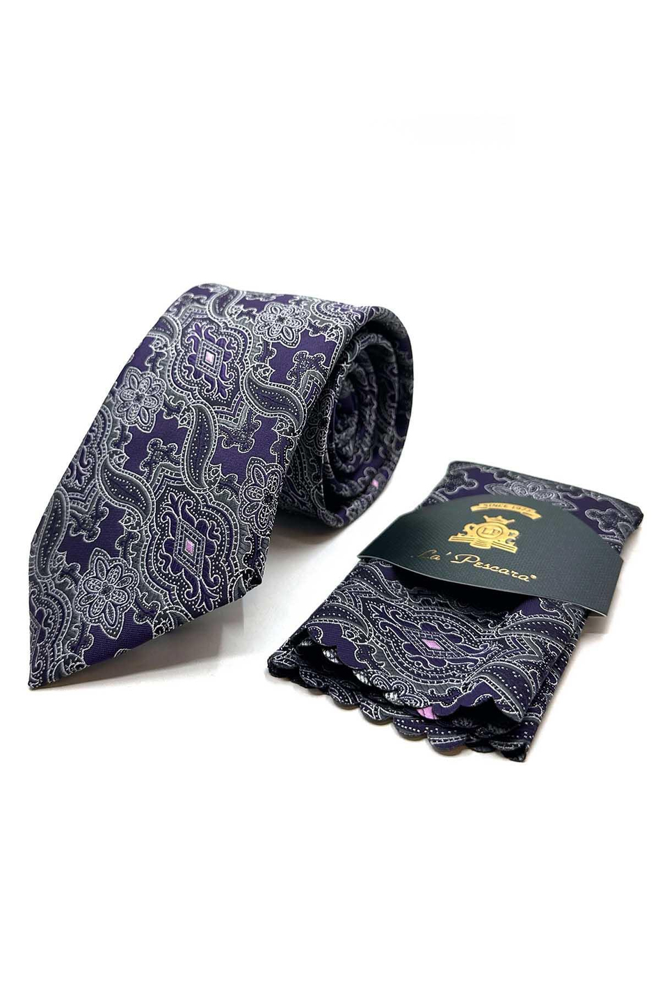 Mürdüm Şal Desen Mendilli Klasik Kravat KK12865