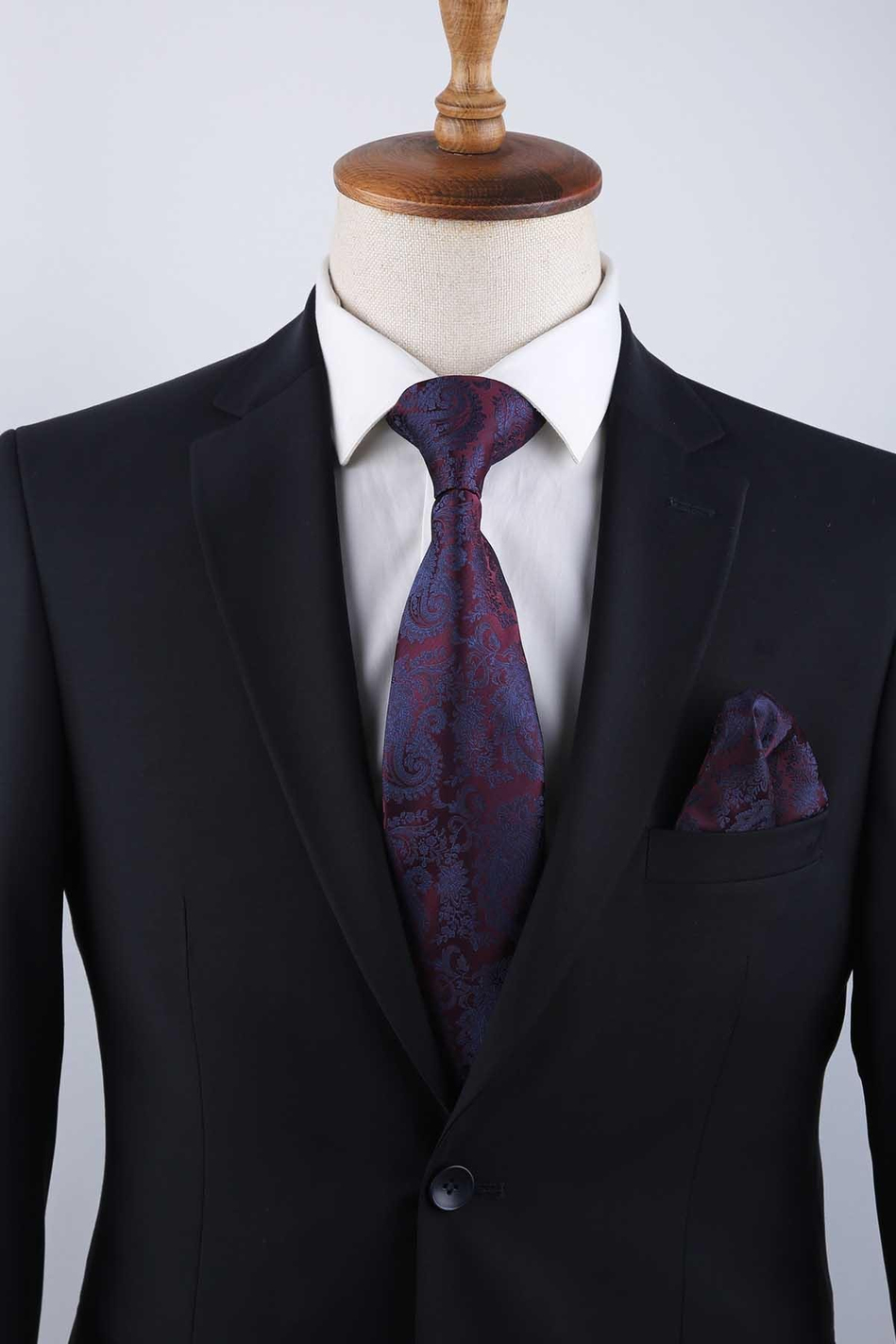 Mürdüm Şal Desen Mendilli Klasik Kravat KK13127