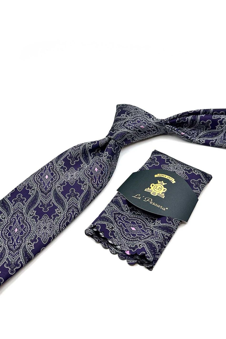 Mürdüm Şal Desen Mendilli Klasik Kravat KK12865