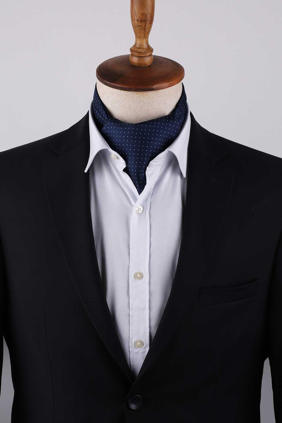 Nokta Desen Lacivert İtalyan İpek Ascot Kravat SAC32