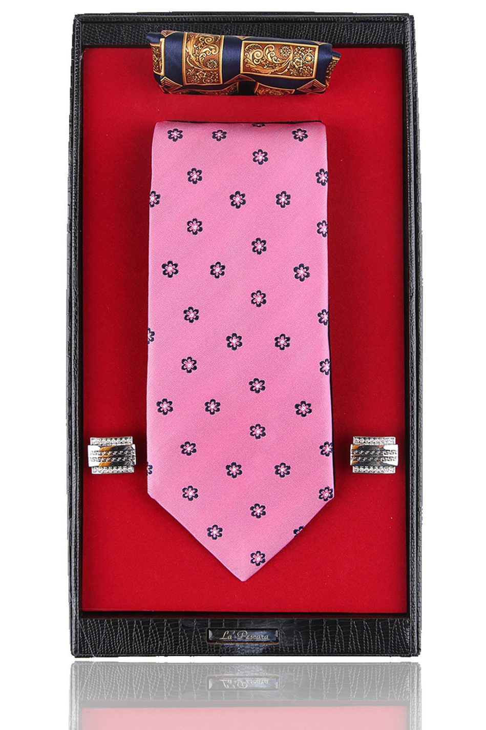 Pembe İtalyan İpek Kravat Mendil Kol Düğmesi Sevgililer Günü Hediyesi SKS62