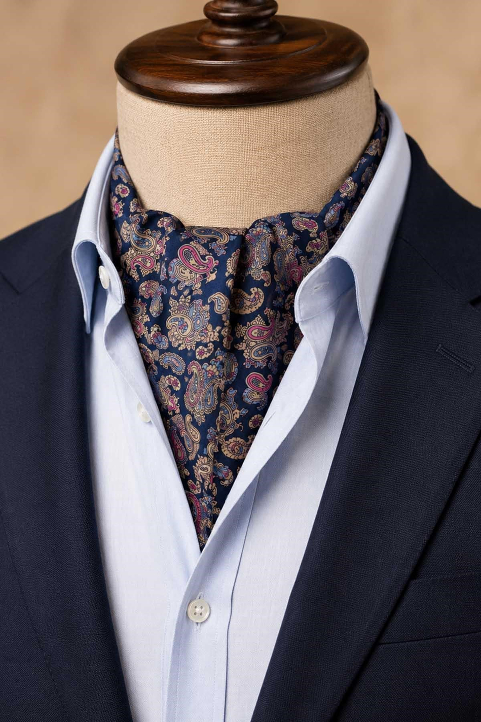 Pembe Lacivert Şal Desen İtalyan İpek Ascot Kravat SAC123