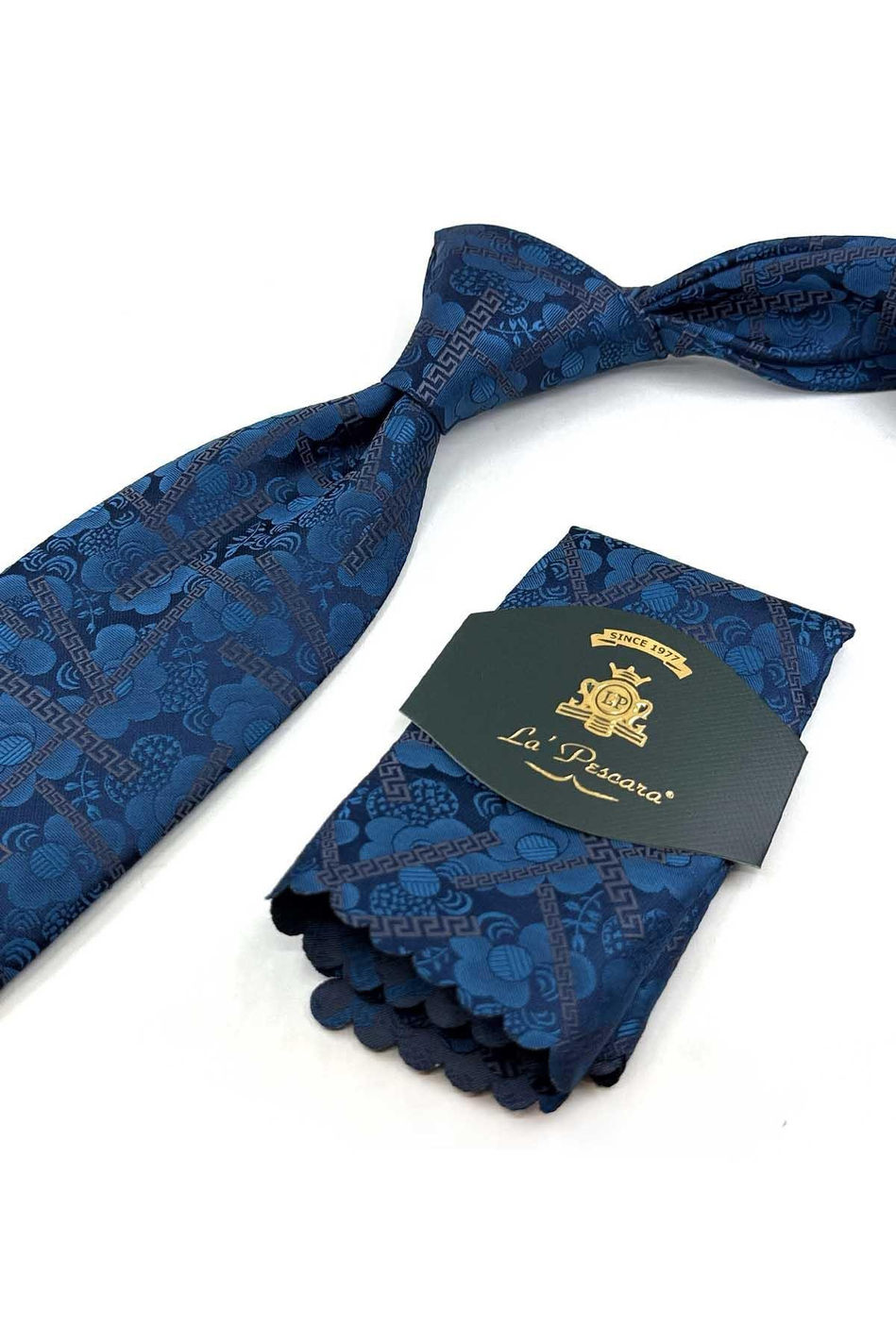Petrol Mavi Motif Desen Mendilli Klasik Kravat KK13308
