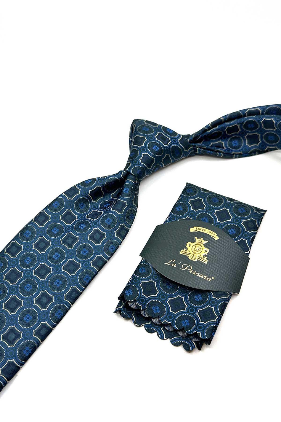 Petrol Mavisi Motif Desen Mendilli Klasik Kravat KK12950