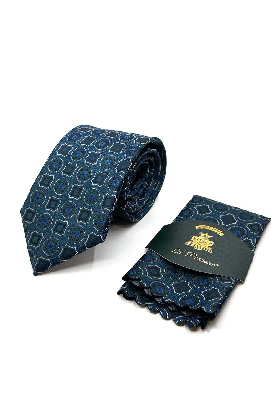 Petrol Mavisi Motif Desen Mendilli Klasik Kravat KK12950