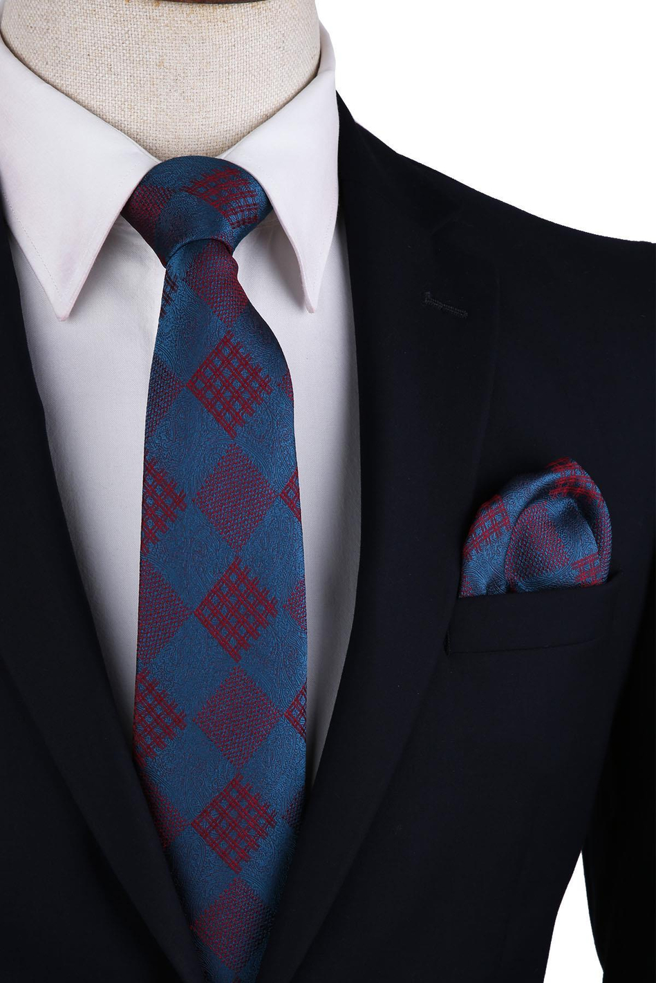 Petrol Renk Ekose Desen Mendilli Klasik Kravat KK10449