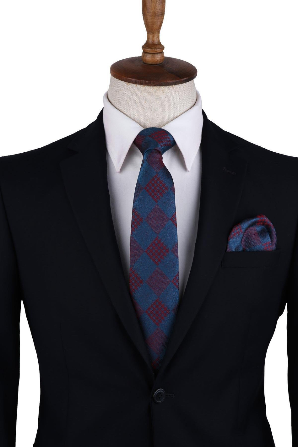 Petrol Renk Ekose Desen Mendilli Klasik Kravat KK10449