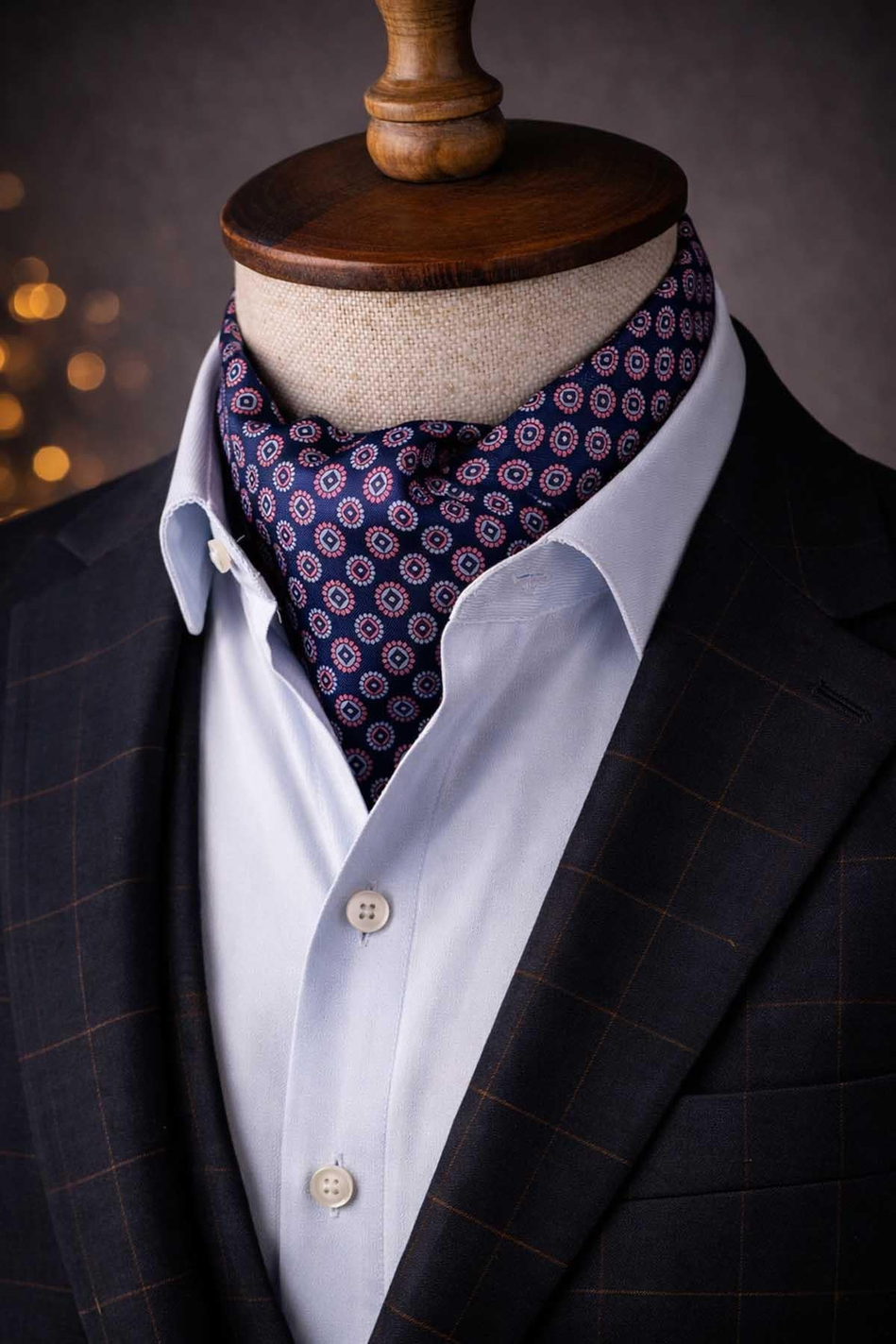 Puantiye Desen Lacivert - Pembe İtalyan İpek Ascot Kravat SAC37