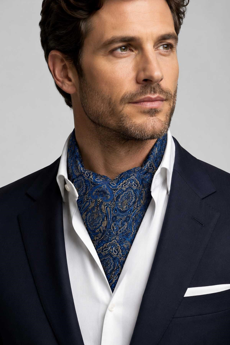 Royal Mavi Şal Desen İtalyan İpek Ascot Kravat SAC143