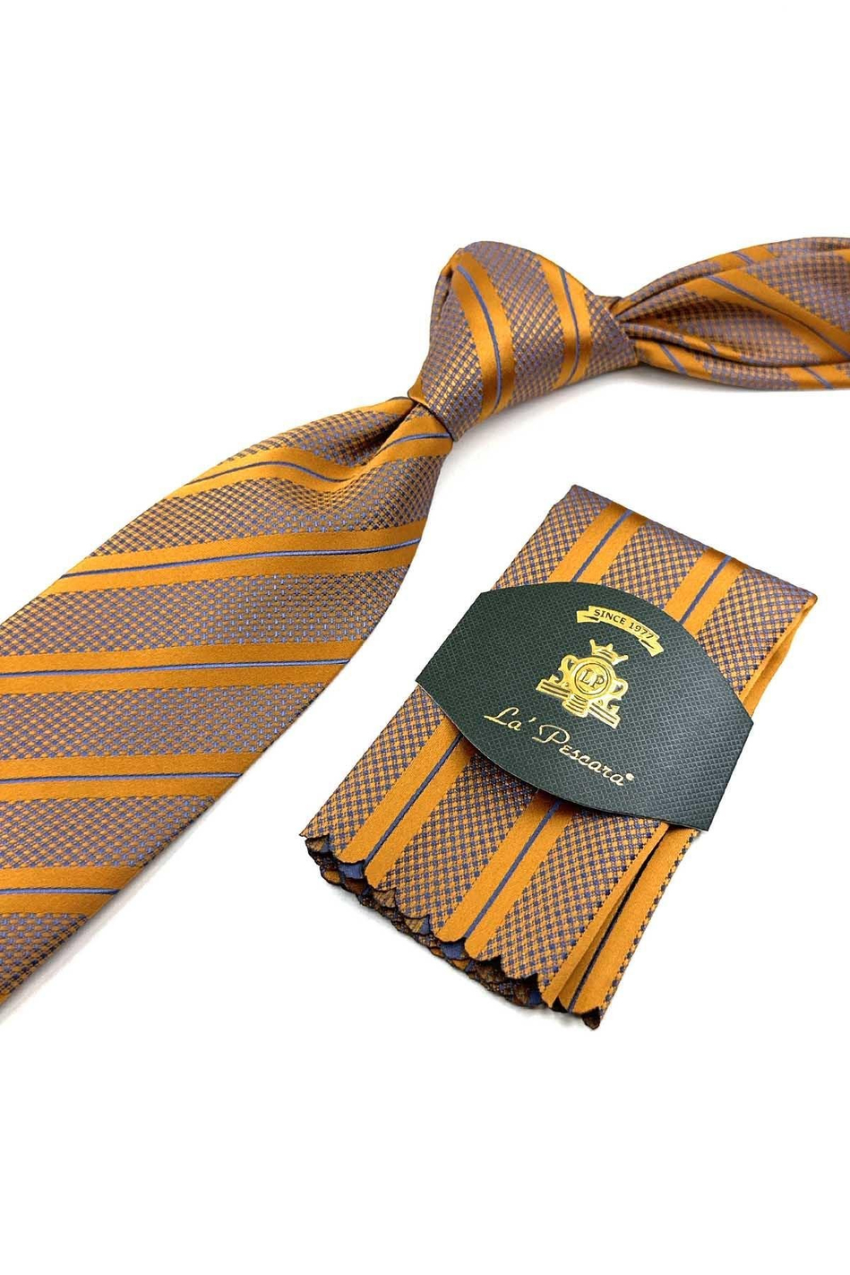 Safran Çizgi Desen Mendilli Klasik Kravat KK12703