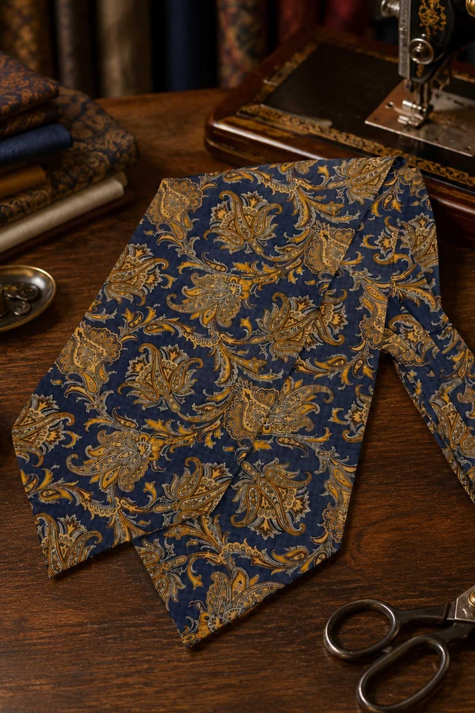 Safran Lacivert Şal Desen İtalyan İpek Ascot Kravat SAC137