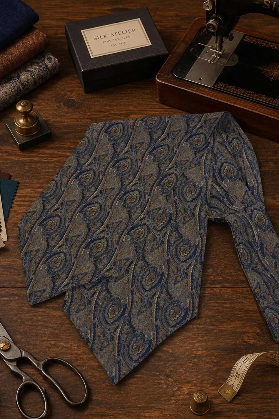 Safran Lacivert Şal Desen İtalyan İpek Ascot Kravat SAC113