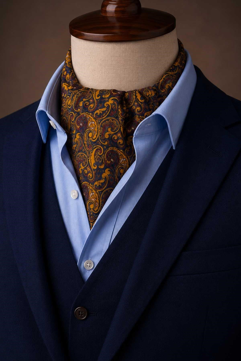 Safran Lacivert Şal Desen İtalyan İpek Ascot Kravat SAC75