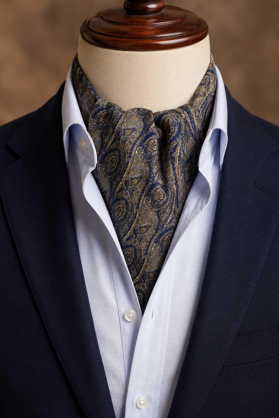 Safran Lacivert Şal Desen İtalyan İpek Ascot Kravat SAC113