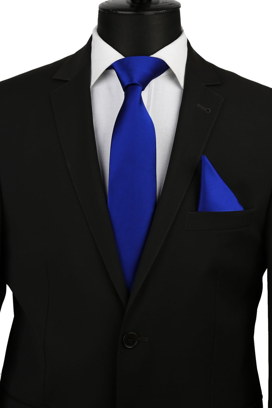 Saks Mavisi Mendilli Düz Saten Kravat 1603