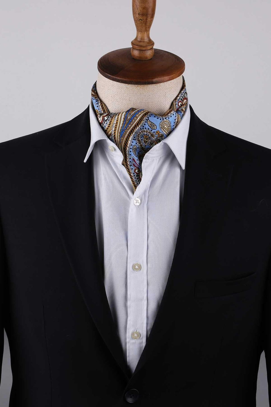 Şal Desen Açık Mavi İtalyan İpek Ascot Kravat SAC44