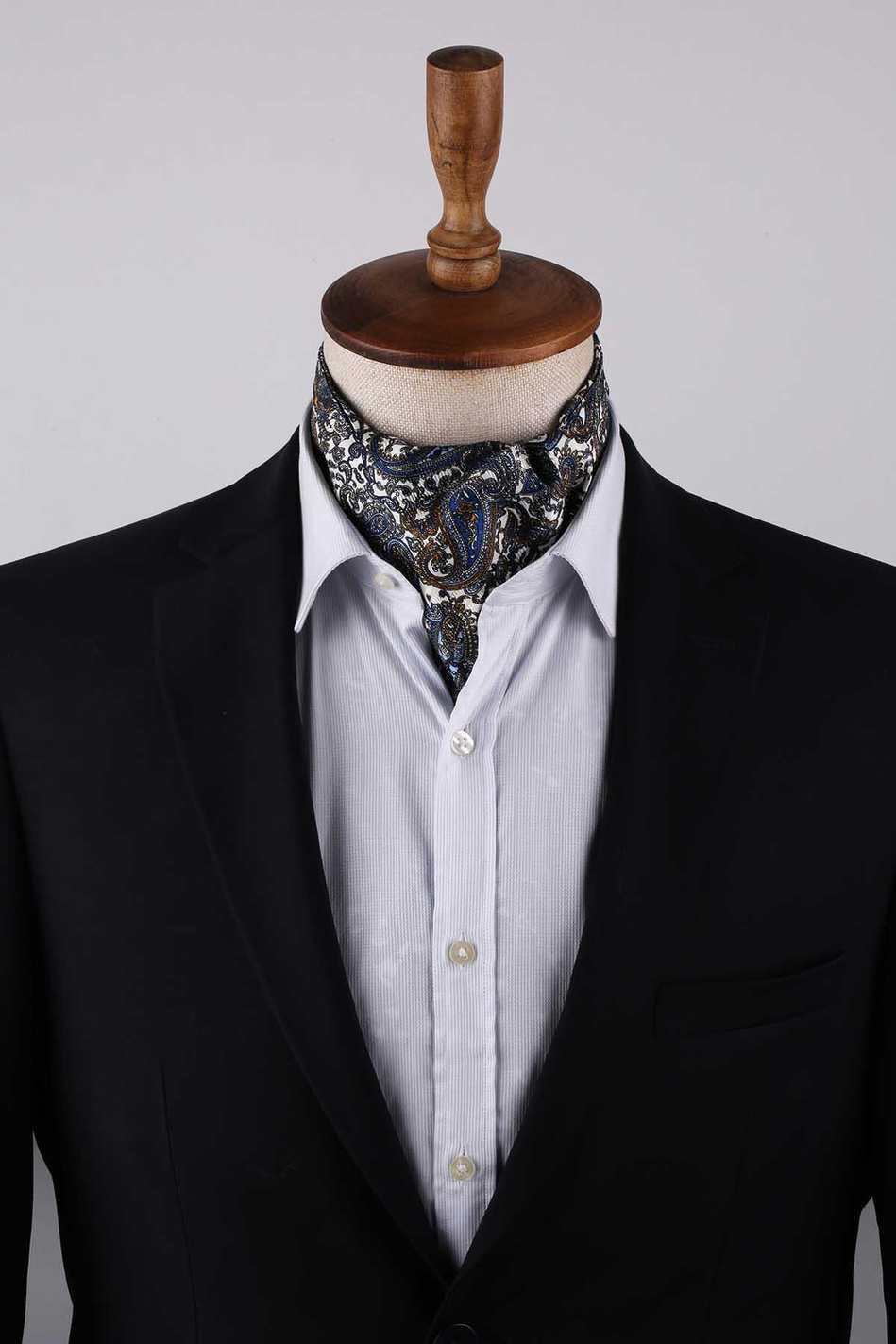 Şal Desen Beyaz - Çok Renkli İtalyan İpek Ascot Kravat SAC60