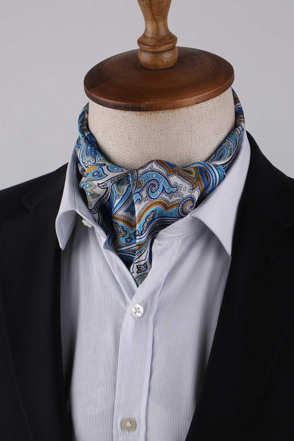 Şal Desen Beyaz - Mavi İtalyan İpek Ascot Kravat SAC08