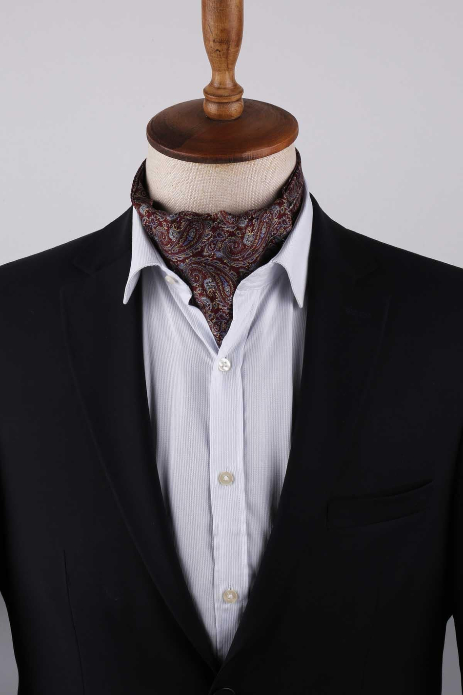 Şal Desen Bordo İtalyan İpek Ascot Kravat SAC50