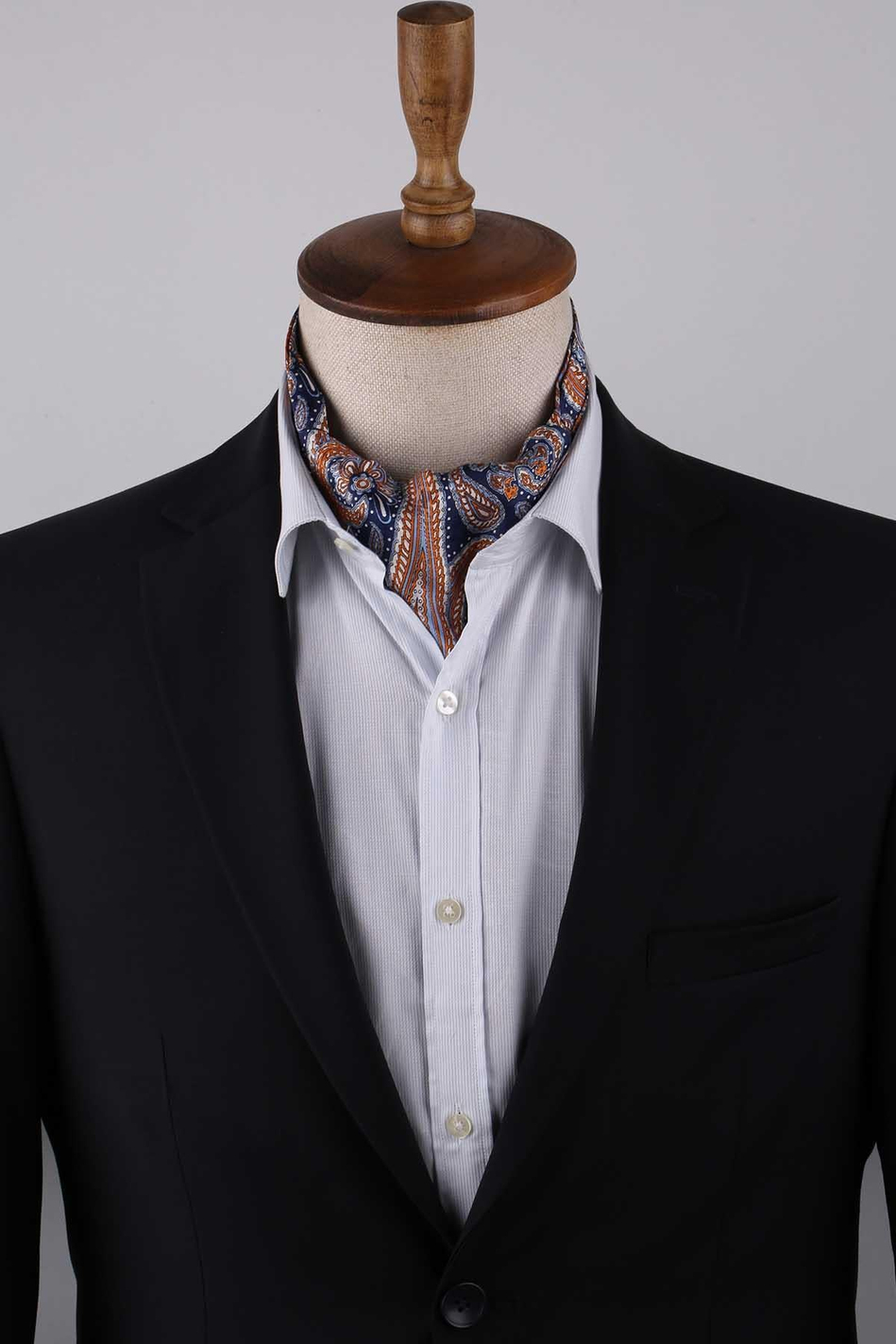 Şal Desen Lacivert - Turuncu İtalyan İpek Ascot Kravat SAC22